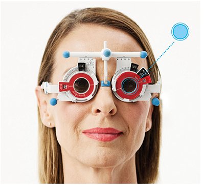 Woman with measuring glasses in front of her eyes