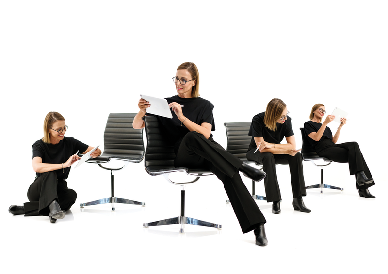 Woman uses tablet and documents in different sitting positions